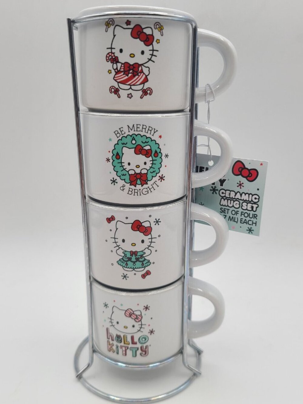 New Hello Kitty Ceramic Christmas Holiday Stacking 4 Set Of 3oz Espresso Cups